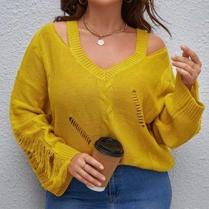 Yellow Plus Size Distressed Cut out neckline Knit Sweater Top